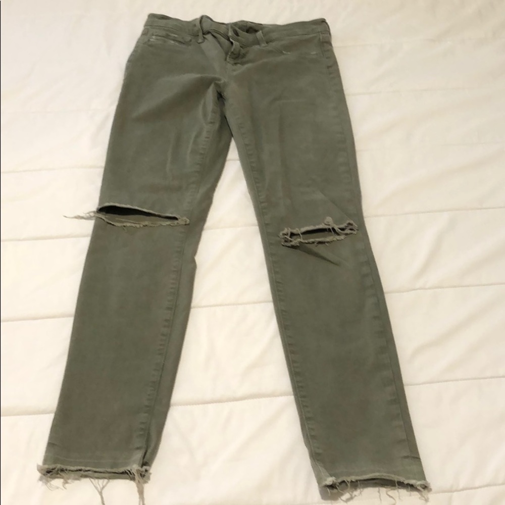 J Brand olive green skinny jeans with rips